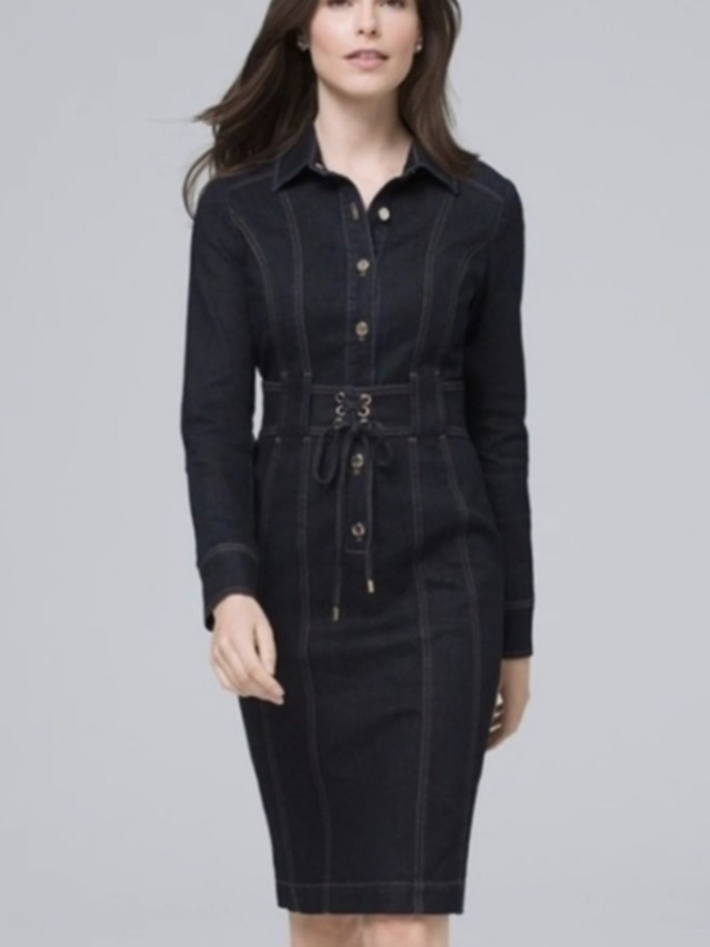 White House Black Market Long-Sleeve Corset Style Shirt Dress In Dark Denim